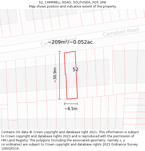 52, CAMPBELL ROAD, SOUTHSEA, PO5 1RW: Plot and title map