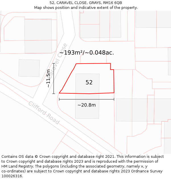 52, CARAVEL CLOSE, GRAYS, RM16 6QB: Plot and title map