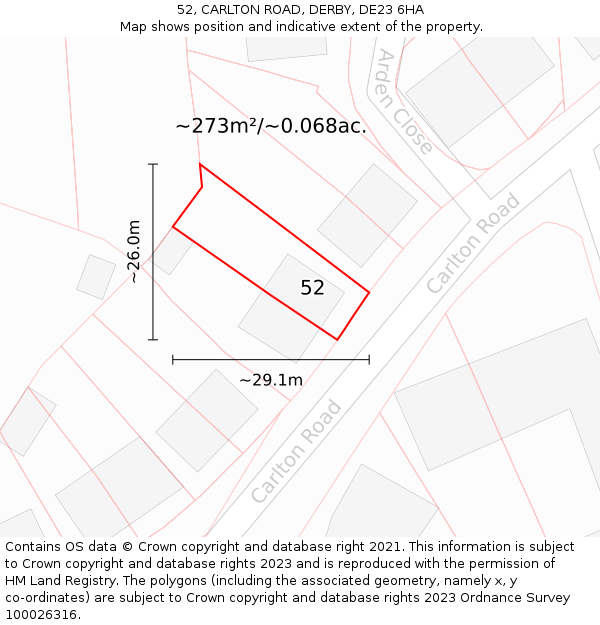 52, CARLTON ROAD, DERBY, DE23 6HA: Plot and title map