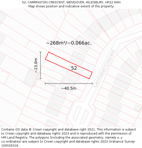 52, CARRINGTON CRESCENT, WENDOVER, AYLESBURY, HP22 6AN: Plot and title map