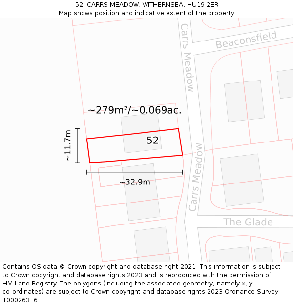 52, CARRS MEADOW, WITHERNSEA, HU19 2ER: Plot and title map