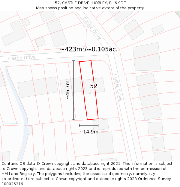 52, CASTLE DRIVE, HORLEY, RH6 9DE: Plot and title map
