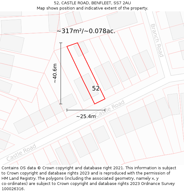 52, CASTLE ROAD, BENFLEET, SS7 2AU: Plot and title map