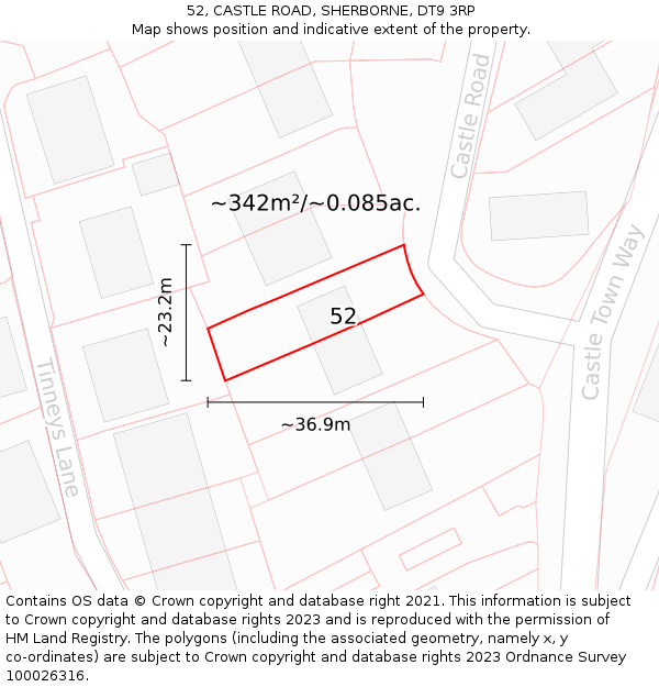 52, CASTLE ROAD, SHERBORNE, DT9 3RP: Plot and title map