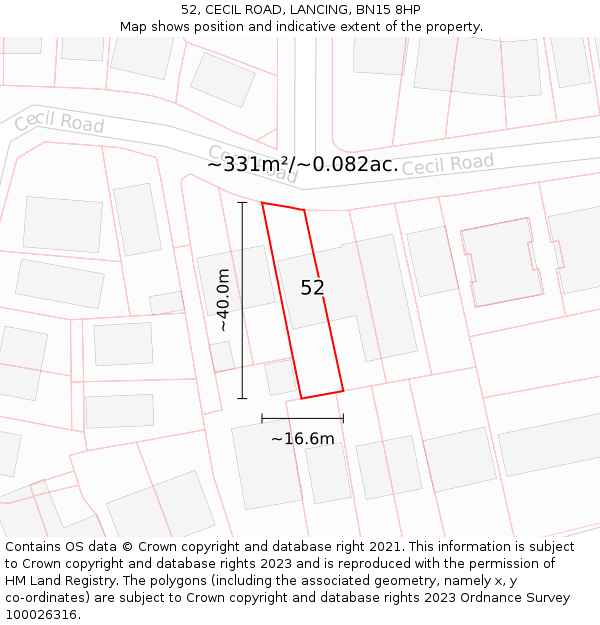 52, CECIL ROAD, LANCING, BN15 8HP: Plot and title map