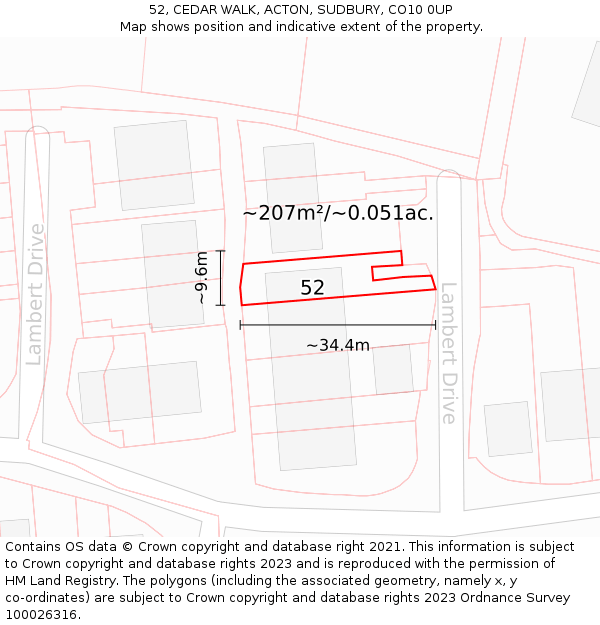 52, CEDAR WALK, ACTON, SUDBURY, CO10 0UP: Plot and title map