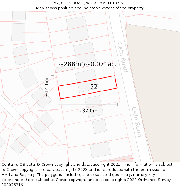 52, CEFN ROAD, WREXHAM, LL13 9NH: Plot and title map
