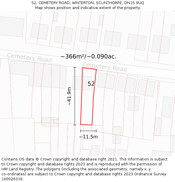 52, CEMETERY ROAD, WINTERTON, SCUNTHORPE, DN15 9UQ: Plot and title map