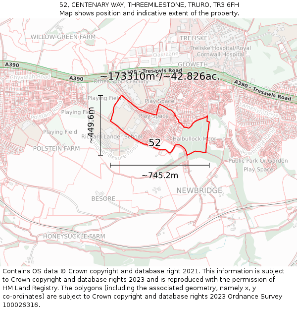 52, CENTENARY WAY, THREEMILESTONE, TRURO, TR3 6FH: Plot and title map
