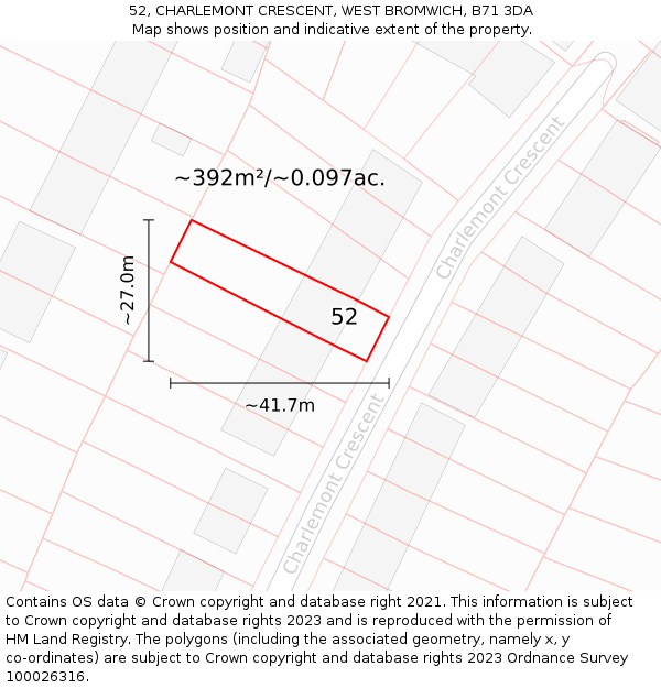 52, CHARLEMONT CRESCENT, WEST BROMWICH, B71 3DA: Plot and title map