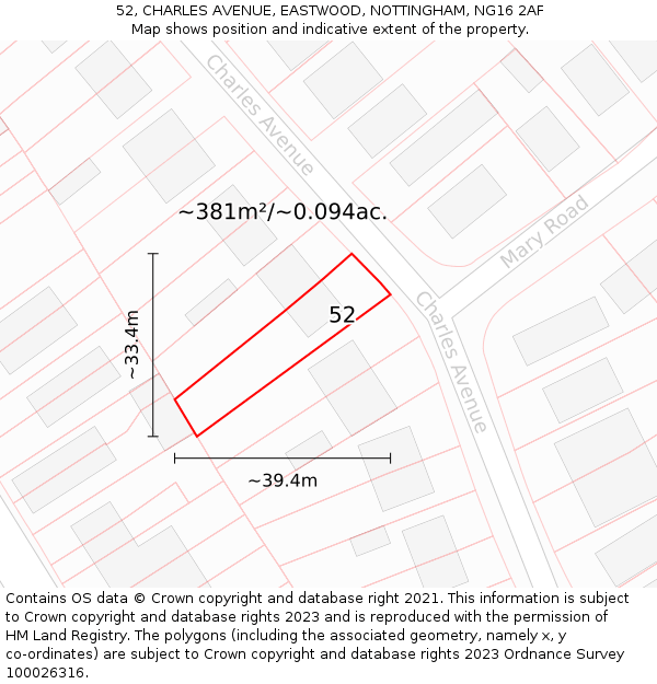 52, CHARLES AVENUE, EASTWOOD, NOTTINGHAM, NG16 2AF: Plot and title map