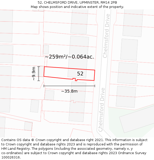 52, CHELMSFORD DRIVE, UPMINSTER, RM14 2PB: Plot and title map