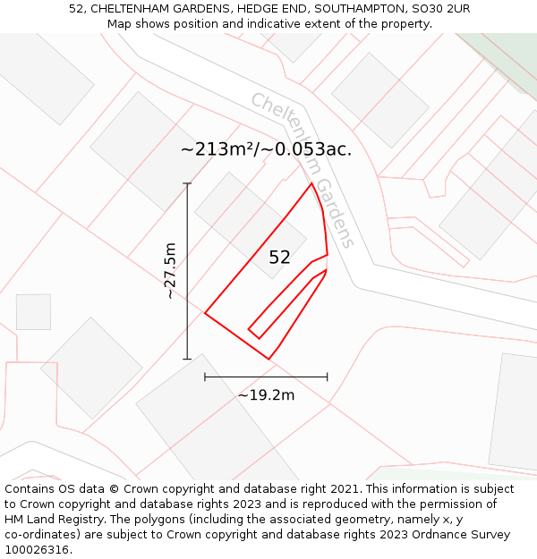 52, CHELTENHAM GARDENS, HEDGE END, SOUTHAMPTON, SO30 2UR: Plot and title map