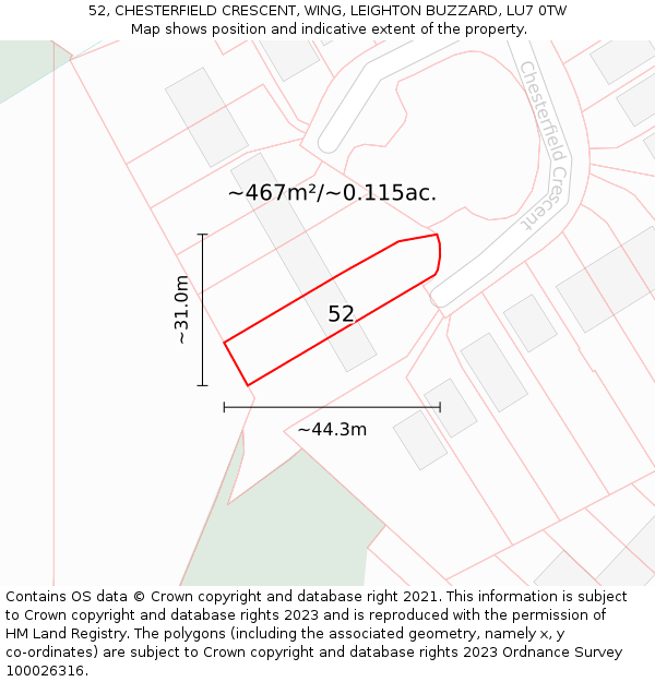52, CHESTERFIELD CRESCENT, WING, LEIGHTON BUZZARD, LU7 0TW: Plot and title map