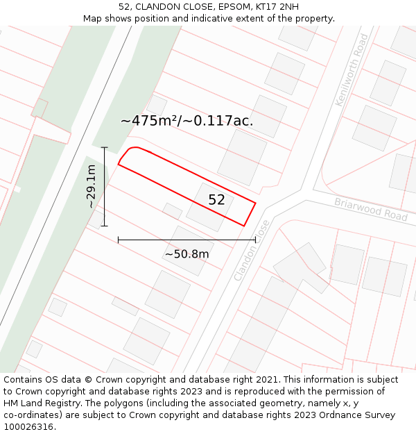 52, CLANDON CLOSE, EPSOM, KT17 2NH: Plot and title map