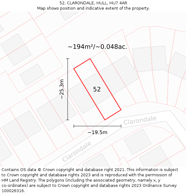 52, CLARONDALE, HULL, HU7 4AR: Plot and title map