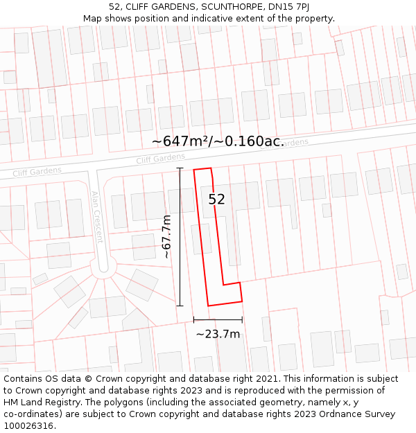 52, CLIFF GARDENS, SCUNTHORPE, DN15 7PJ: Plot and title map