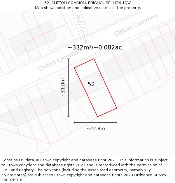 52, CLIFTON COMMON, BRIGHOUSE, HD6 1QW: Plot and title map
