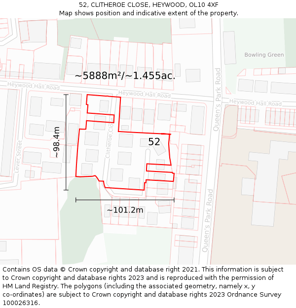 52, CLITHEROE CLOSE, HEYWOOD, OL10 4XF: Plot and title map