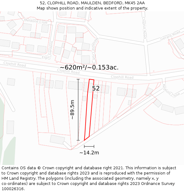 52, CLOPHILL ROAD, MAULDEN, BEDFORD, MK45 2AA: Plot and title map