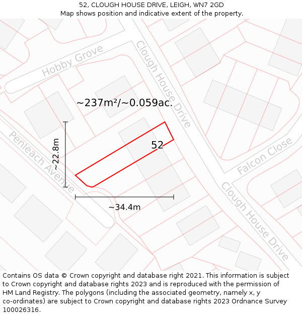 52, CLOUGH HOUSE DRIVE, LEIGH, WN7 2GD: Plot and title map