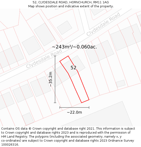 52, CLYDESDALE ROAD, HORNCHURCH, RM11 1AG: Plot and title map