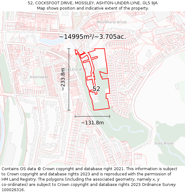 52, COCKSFOOT DRIVE, MOSSLEY, ASHTON-UNDER-LYNE, OL5 9JA: Plot and title map