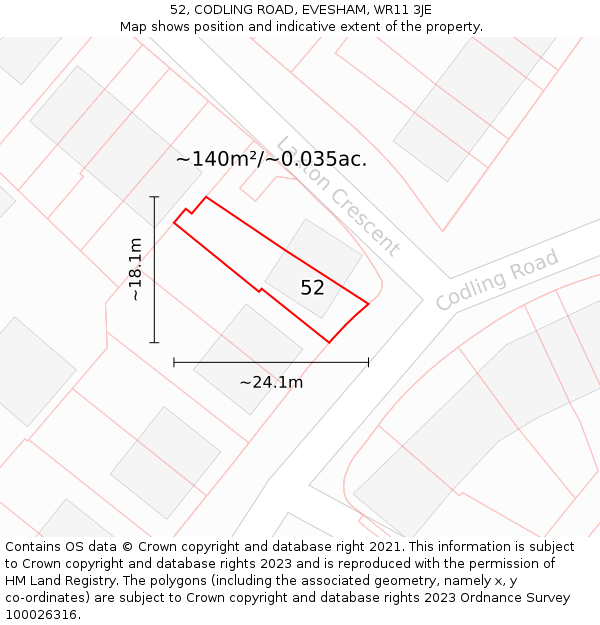 52, CODLING ROAD, EVESHAM, WR11 3JE: Plot and title map