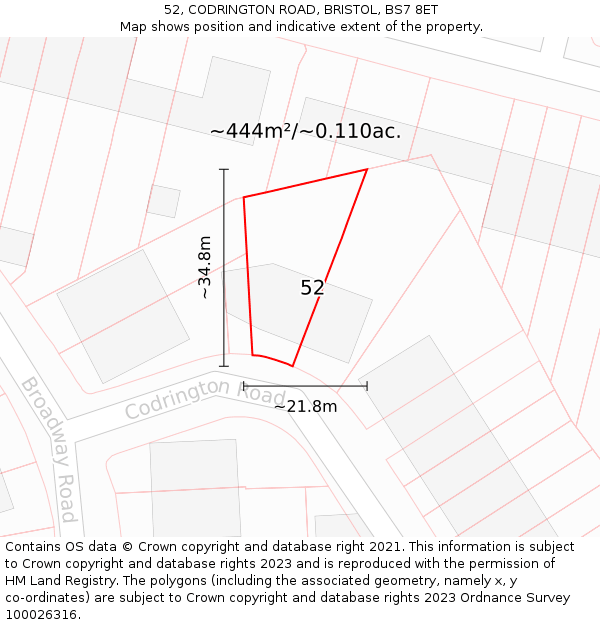 52, CODRINGTON ROAD, BRISTOL, BS7 8ET: Plot and title map