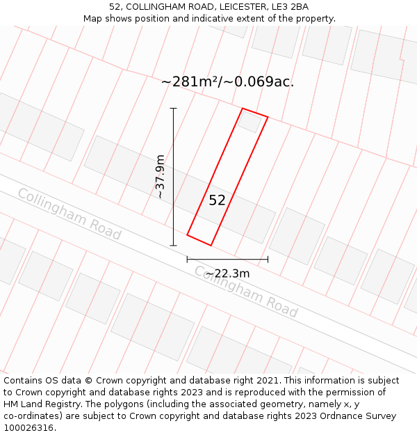 52, COLLINGHAM ROAD, LEICESTER, LE3 2BA: Plot and title map