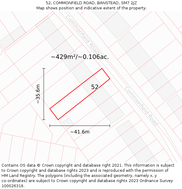 52, COMMONFIELD ROAD, BANSTEAD, SM7 2JZ: Plot and title map