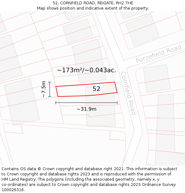 52, CORNFIELD ROAD, REIGATE, RH2 7HE: Plot and title map