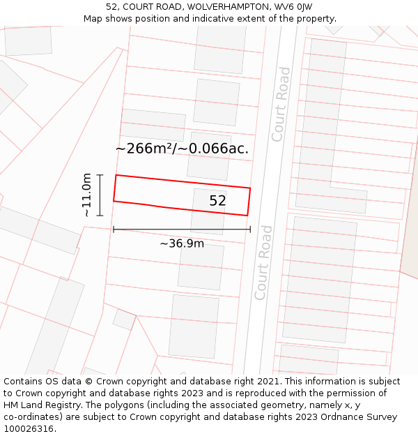 52, COURT ROAD, WOLVERHAMPTON, WV6 0JW: Plot and title map