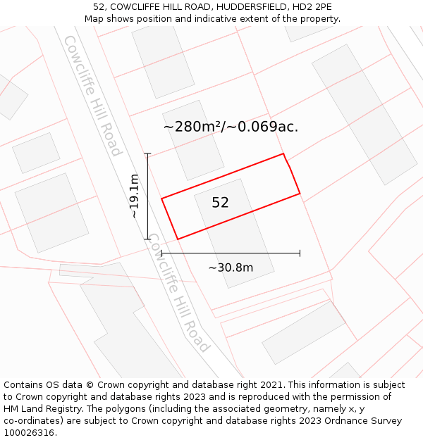 52, COWCLIFFE HILL ROAD, HUDDERSFIELD, HD2 2PE: Plot and title map