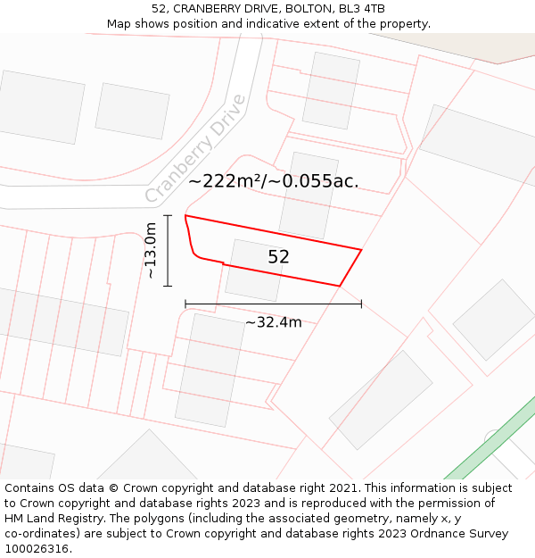 52, CRANBERRY DRIVE, BOLTON, BL3 4TB: Plot and title map