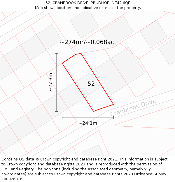 52, CRANBROOK DRIVE, PRUDHOE, NE42 6QF: Plot and title map