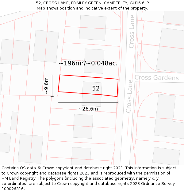 52, CROSS LANE, FRIMLEY GREEN, CAMBERLEY, GU16 6LP: Plot and title map