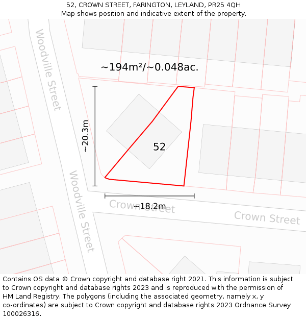 52, CROWN STREET, FARINGTON, LEYLAND, PR25 4QH: Plot and title map