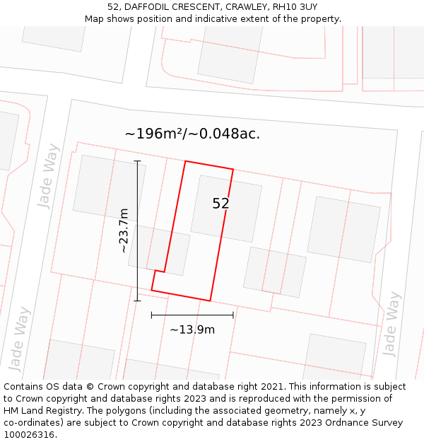 52, DAFFODIL CRESCENT, CRAWLEY, RH10 3UY: Plot and title map