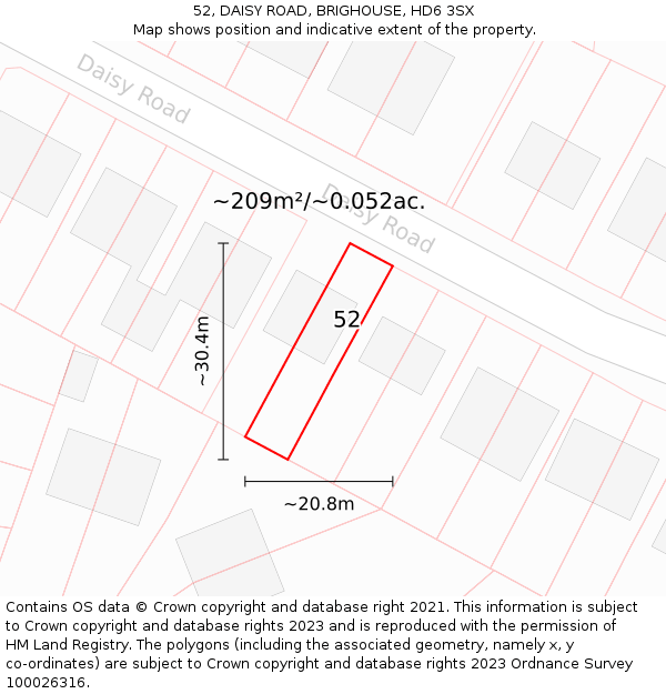 52, DAISY ROAD, BRIGHOUSE, HD6 3SX: Plot and title map