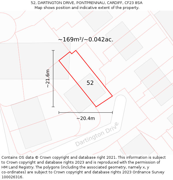 52, DARTINGTON DRIVE, PONTPRENNAU, CARDIFF, CF23 8SA: Plot and title map