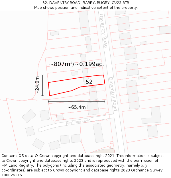 52, DAVENTRY ROAD, BARBY, RUGBY, CV23 8TR: Plot and title map