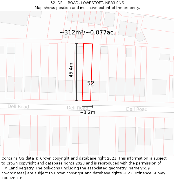 52, DELL ROAD, LOWESTOFT, NR33 9NS: Plot and title map