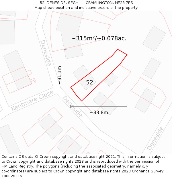 52, DENESIDE, SEGHILL, CRAMLINGTON, NE23 7ES: Plot and title map