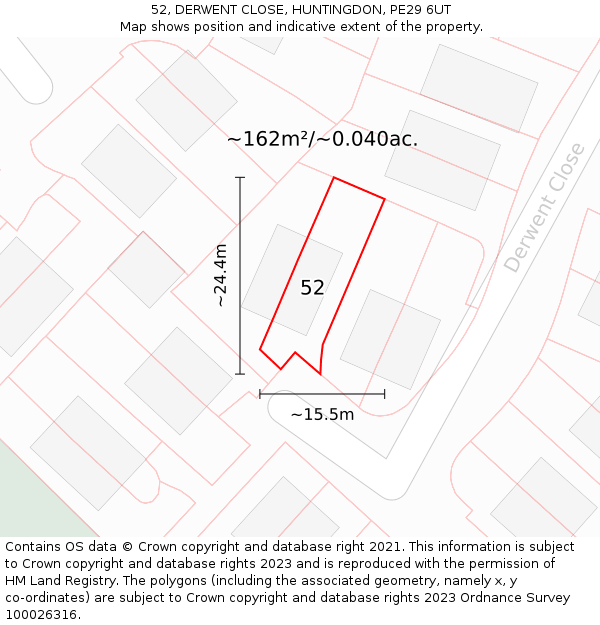 52, DERWENT CLOSE, HUNTINGDON, PE29 6UT: Plot and title map