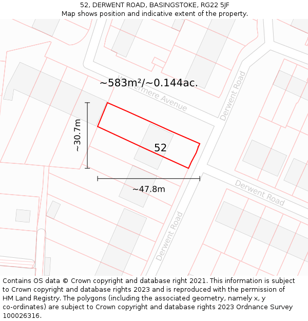 52, DERWENT ROAD, BASINGSTOKE, RG22 5JF: Plot and title map
