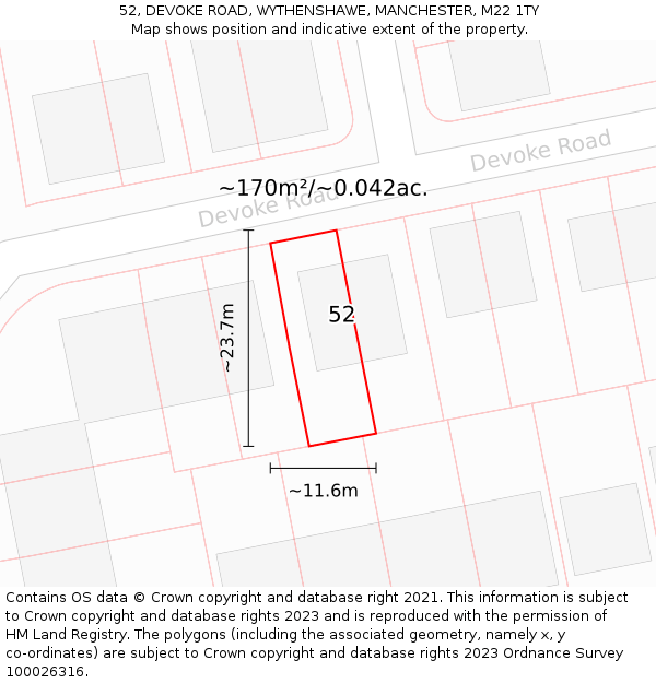 52, DEVOKE ROAD, WYTHENSHAWE, MANCHESTER, M22 1TY: Plot and title map