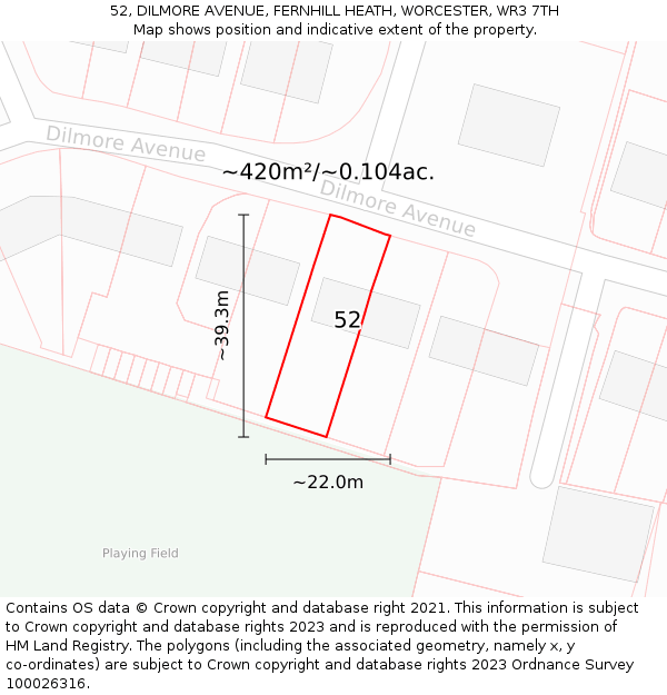 52, DILMORE AVENUE, FERNHILL HEATH, WORCESTER, WR3 7TH: Plot and title map