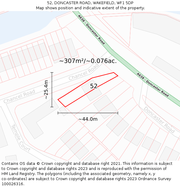 52, DONCASTER ROAD, WAKEFIELD, WF1 5DP: Plot and title map