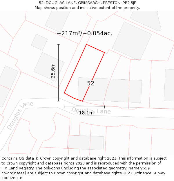 52, DOUGLAS LANE, GRIMSARGH, PRESTON, PR2 5JF: Plot and title map